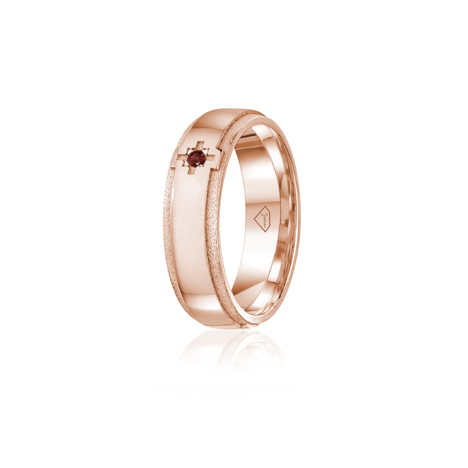 Ruby Accent Polished Finish Bevelled Edge 8-9 mm Wedding Ring in Rose Gold