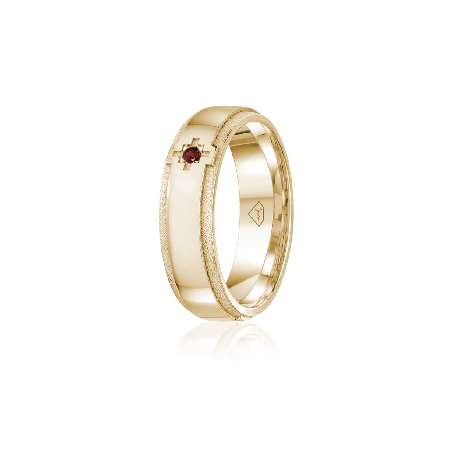 Ruby Accent Polished Finish Bevelled Edge 8-9 mm Wedding Ring in Yellow Gold