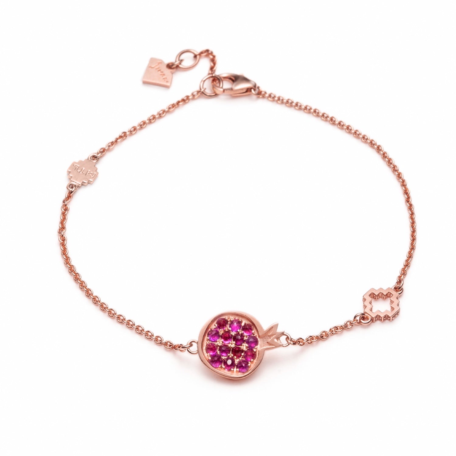 Ruby Studded Pomegranate and Step Motif Bracelet in Rose Gold