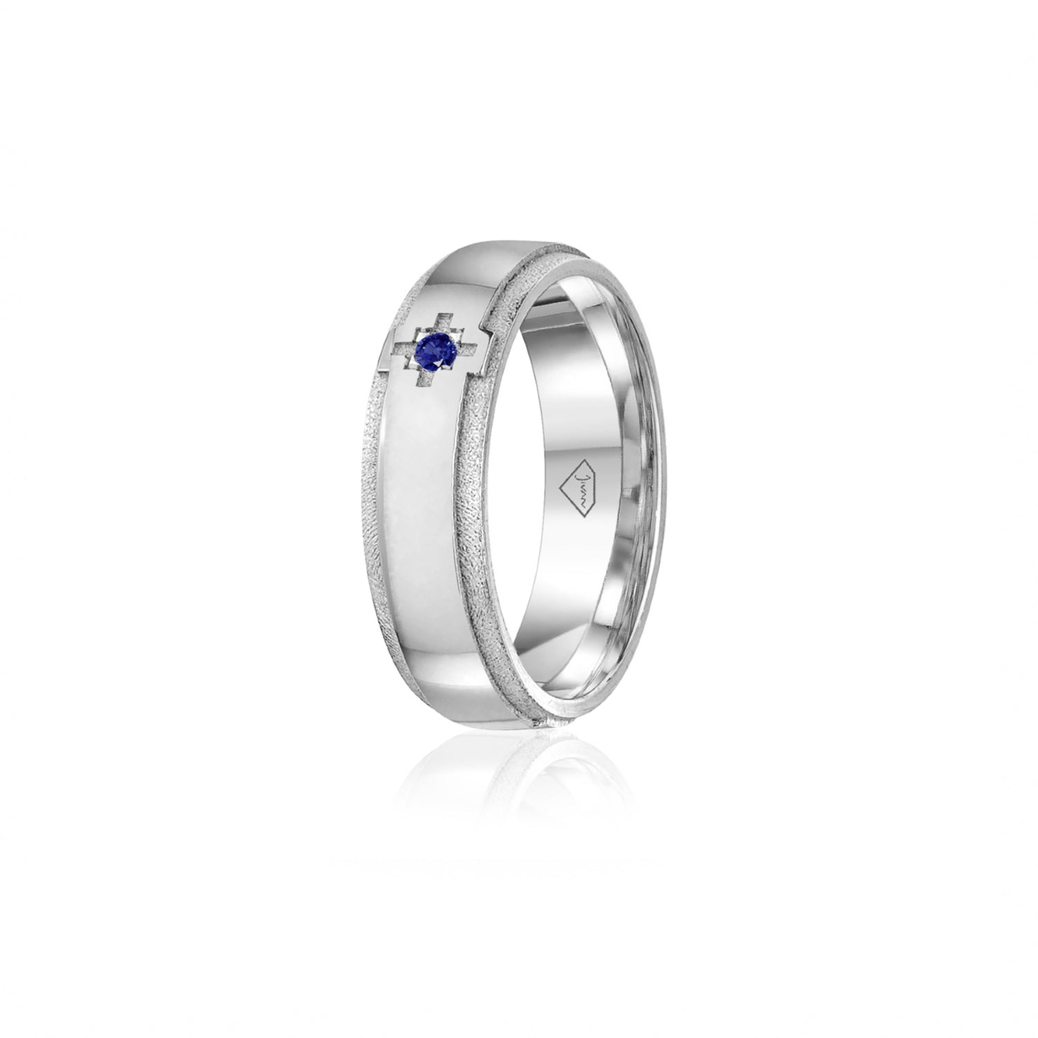 Sapphire Accent Polished Finish Bevelled Edge 8-9 mm Wedding Ring in White Gold