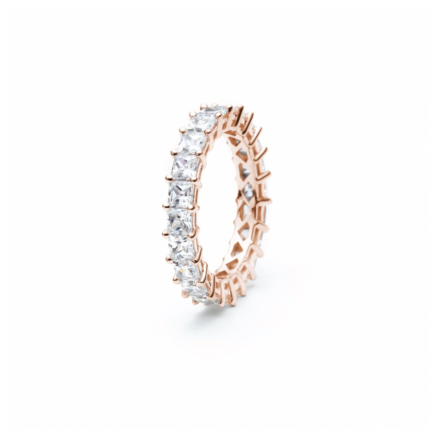 Signature Princess Cut Diamond Shared Prong Eternity Ring in Rose Gold Side View