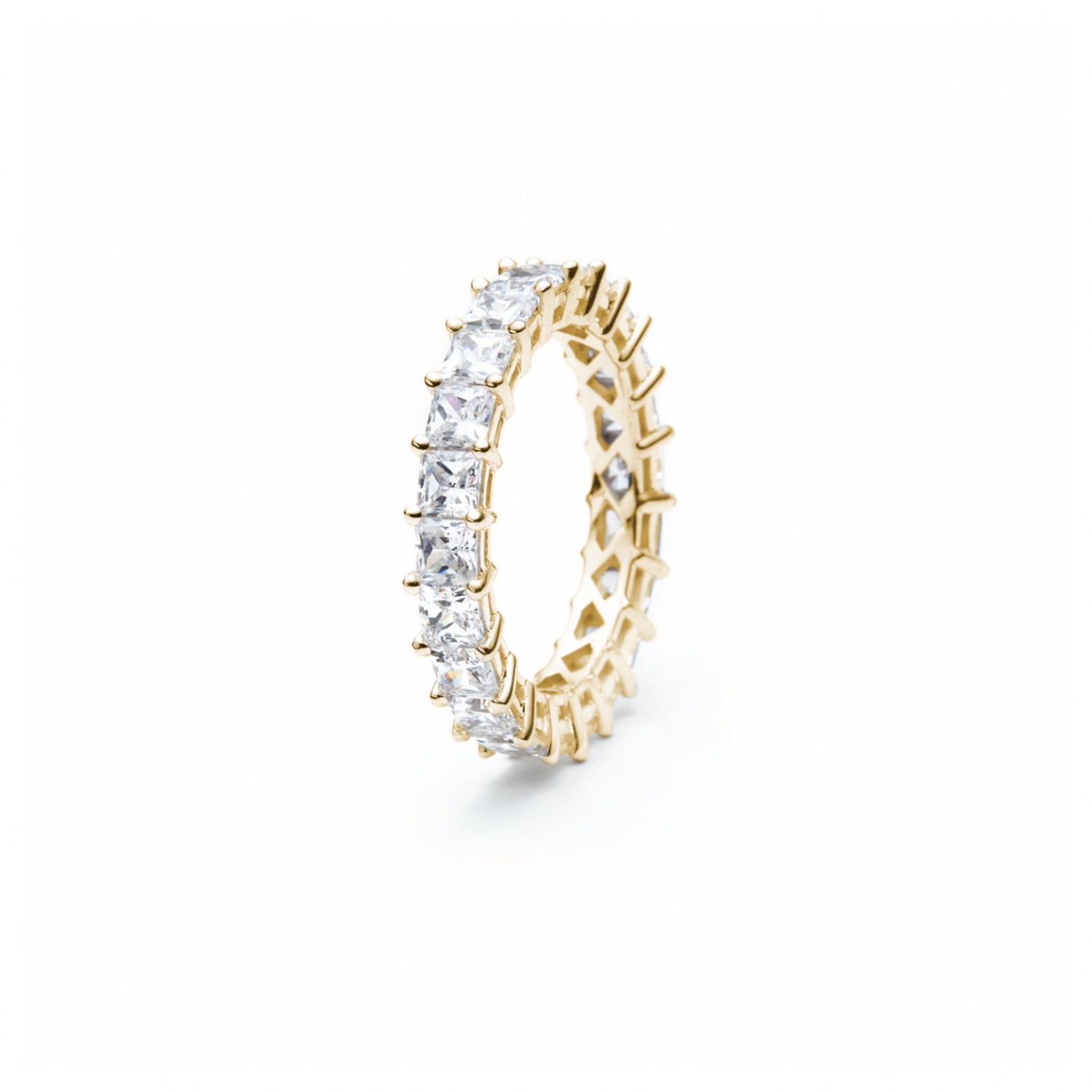 Signature Princess Cut Diamond Shared Prong Eternity Ring in Yellow Gold Side View