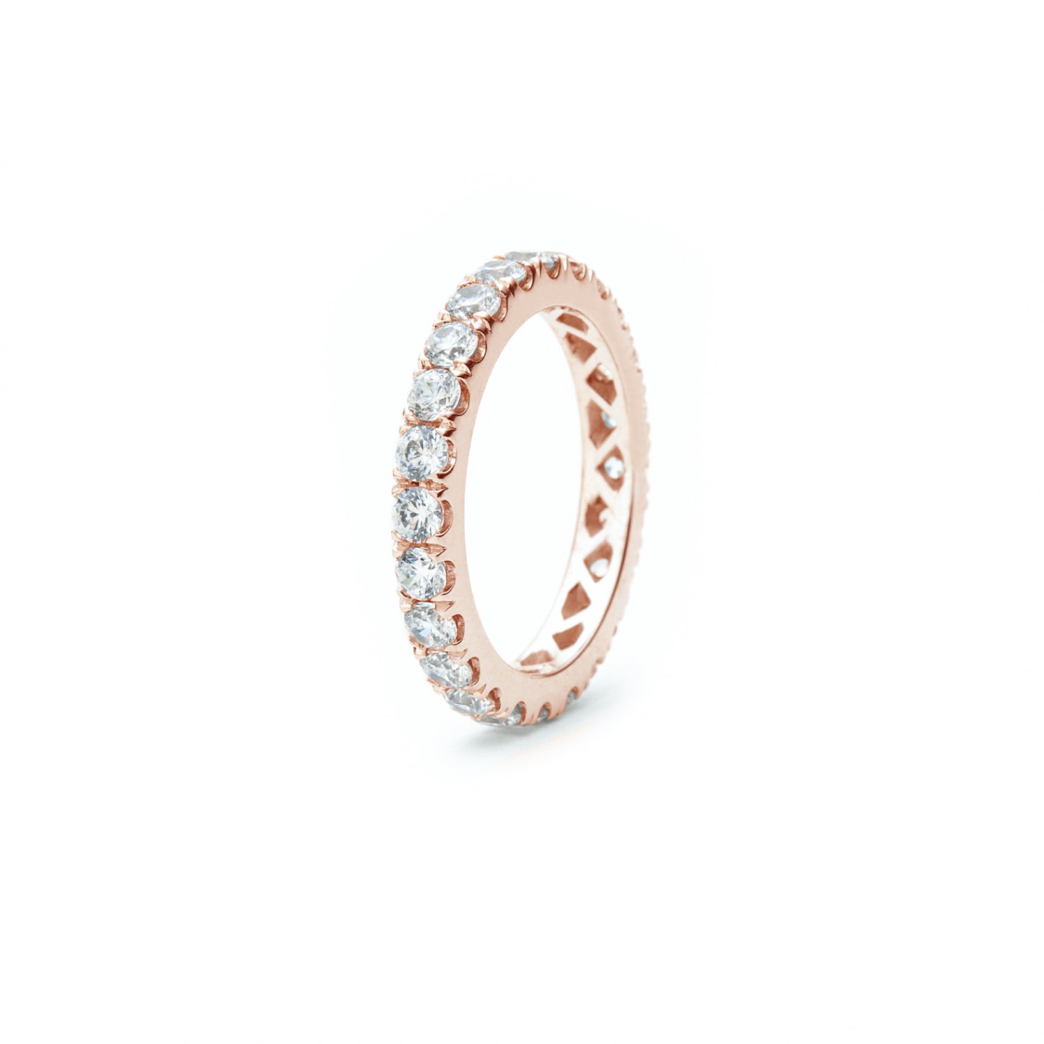 Signature Round Brilliant Cut Diamond French V-Split Set Eternity Ring in Rose Gold Side View
