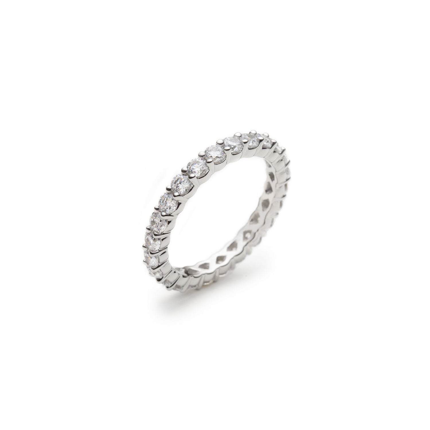 Signature Round Brilliant Cut Diamond Shared Prong Eternity Ring in White Gold Side View