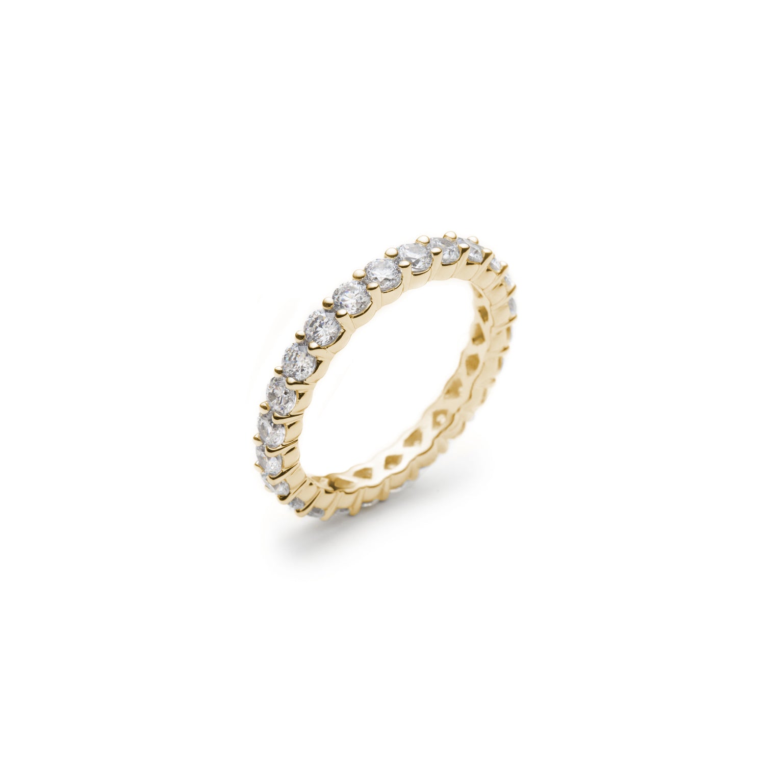 Signature Round Brilliant Cut Diamond Shared Prong Eternity Ring in Yellow Gold Side View