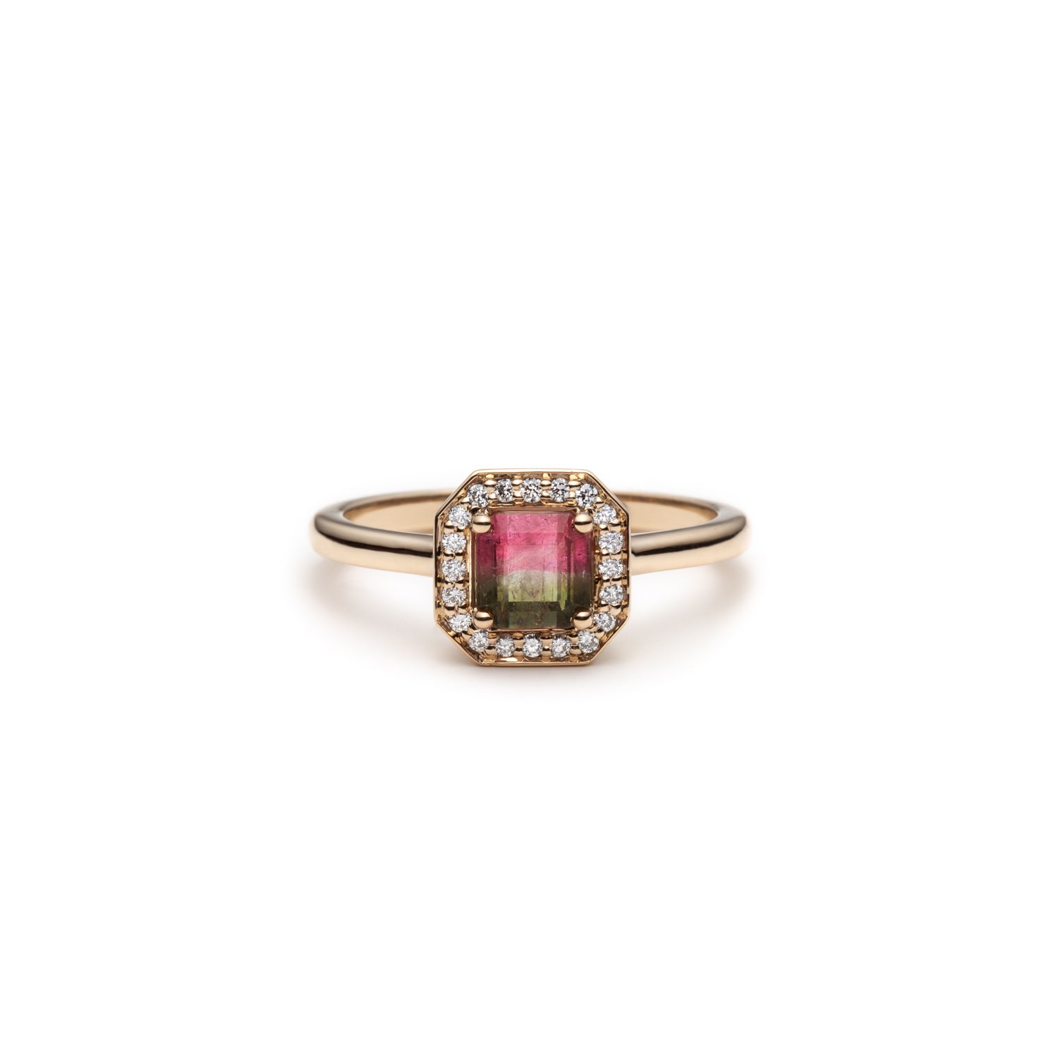 Square Emerald Cut Watermelon Tourmaline Diamond Halo Ring