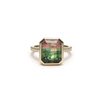 Step Cut Watermelon Tourmaline Diamond Pavé Bezel Ring Front View