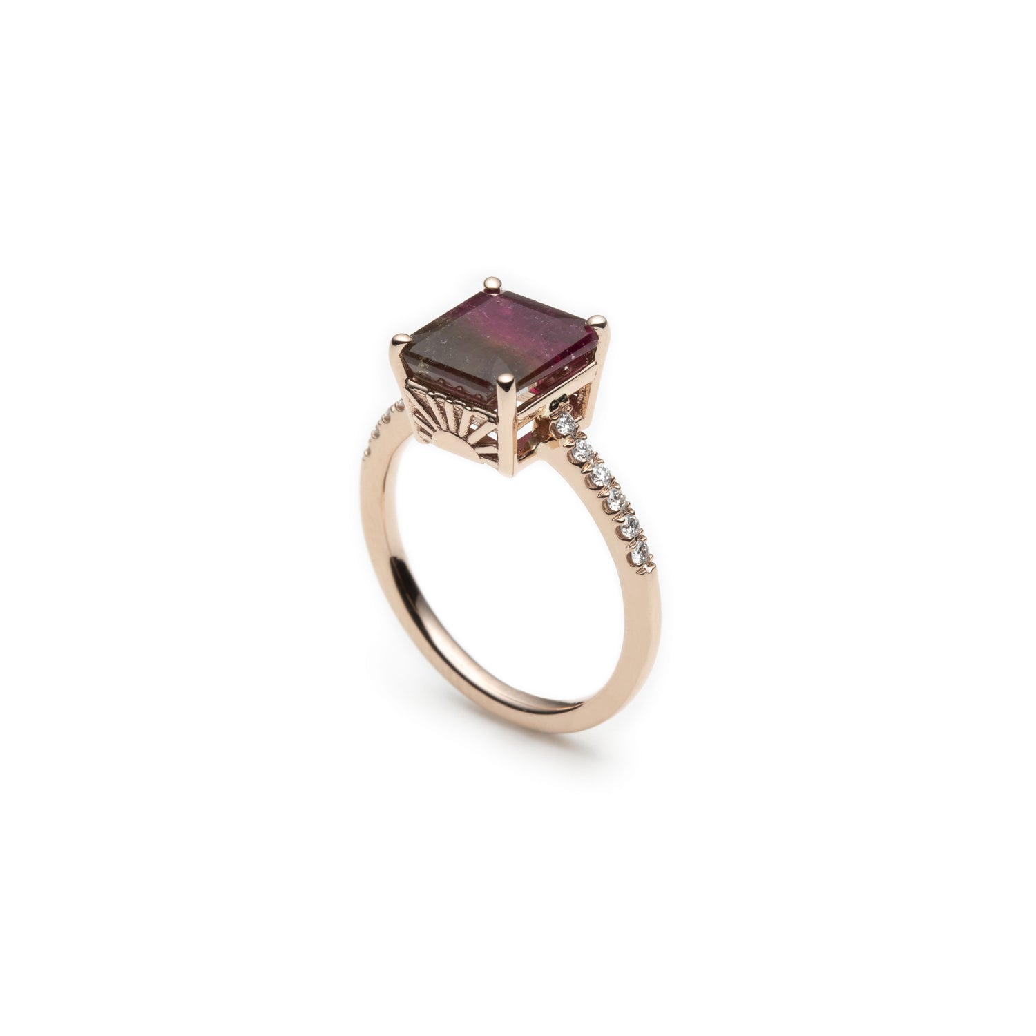 Step Cut Watermelon Tourmaline Diamond Pavé Ring Side View