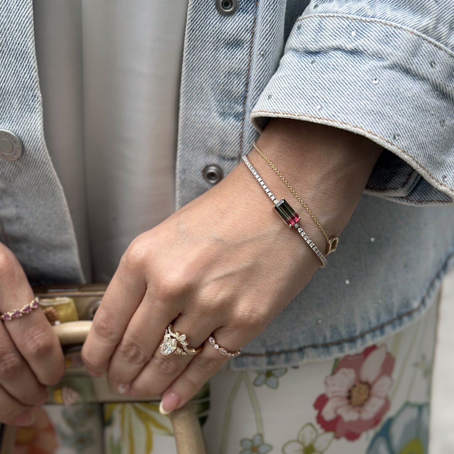 Step Cut Watermelon Tourmaline and Lab-Grown Diamond Tennis Bracelet on a Model