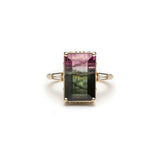 Step Cut Watermelon Tourmaline and Tapered Baguette Cut Diamond Three-Stone Ring