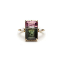 Step Cut Watermelon Tourmaline and Tapered Baguette Cut Diamond Three-Stone Ring