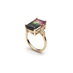 Step Cut Watermelon Tourmaline and Tapered Baguette Cut Diamond Three-Stone Ring Side View