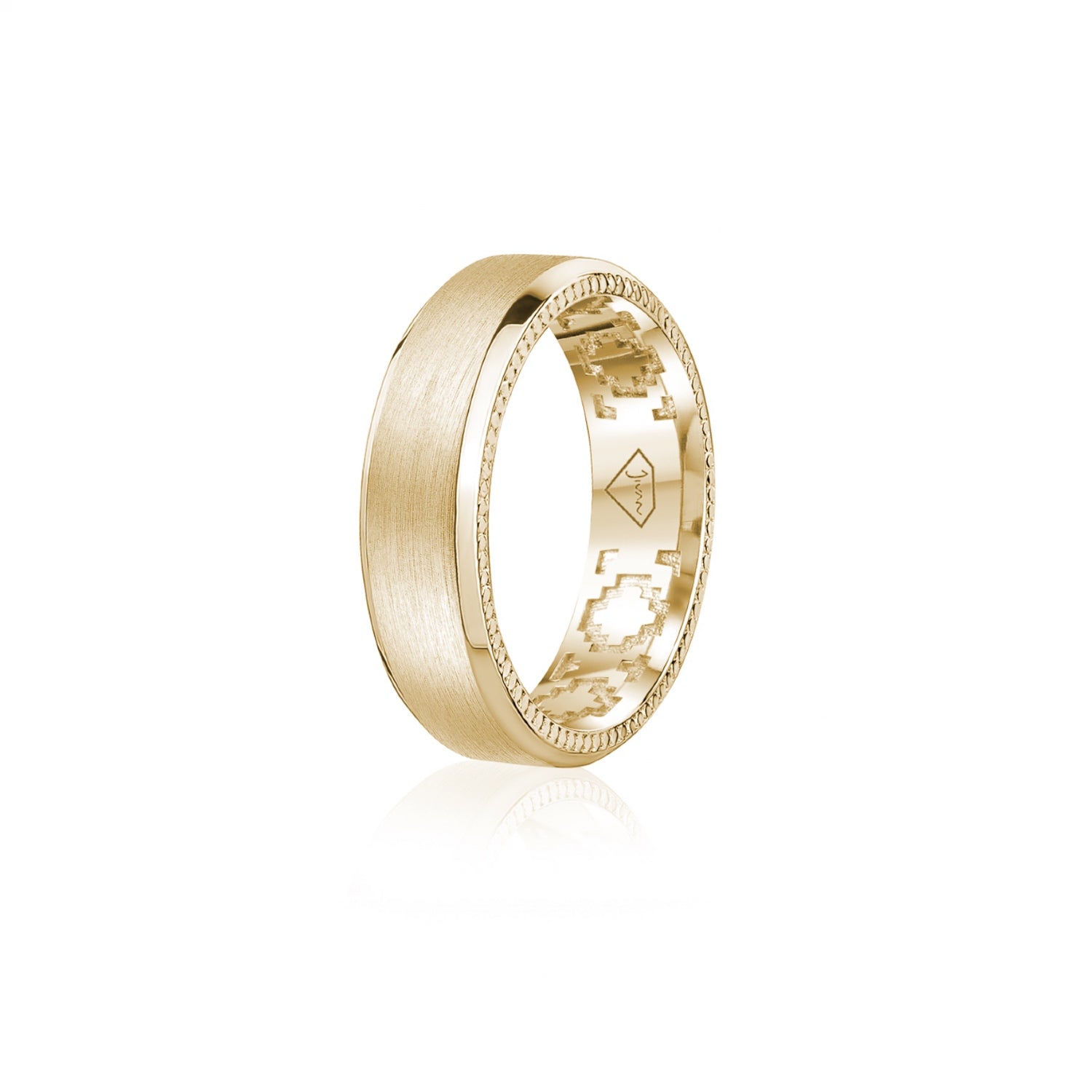 Step Motif Brushed Finish Bevelled Edge 8-9 mm Wedding Band in Yellow Gold