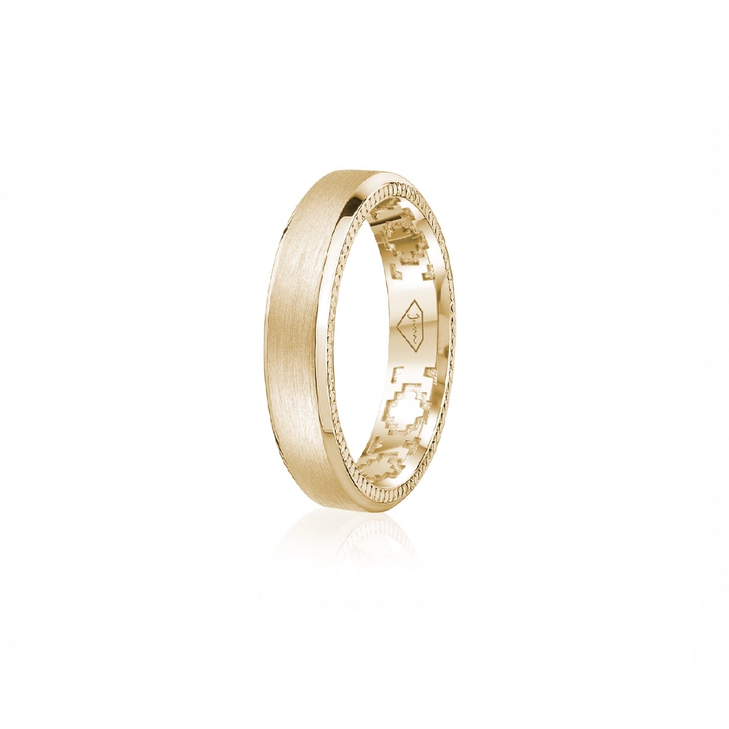 Step Motif Brushed Finish Bevelled Edge 5 mm Wedding Band in Yellow Gold