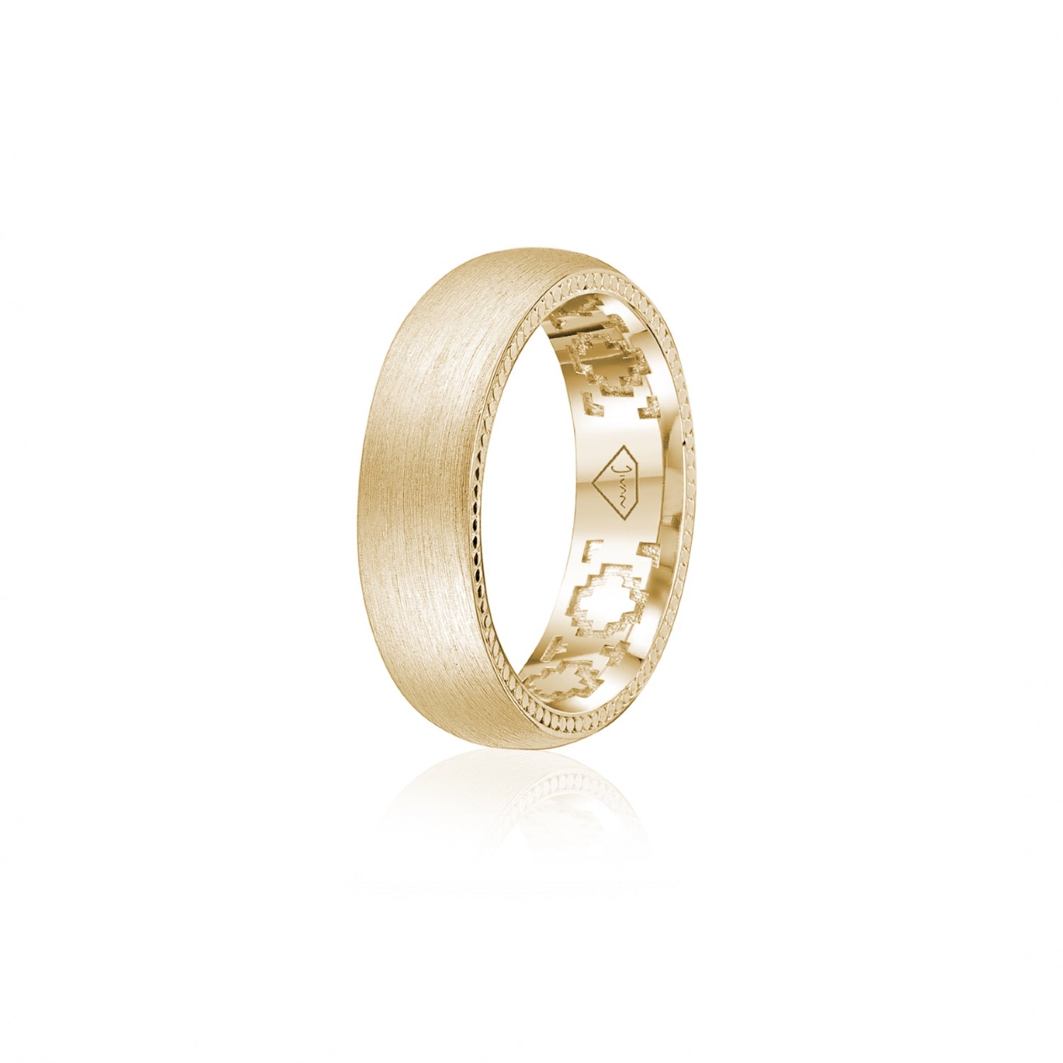 Step Motif Brushed Finish Comfort Fit 8-9 mm Wedding Band in Yellow Gold