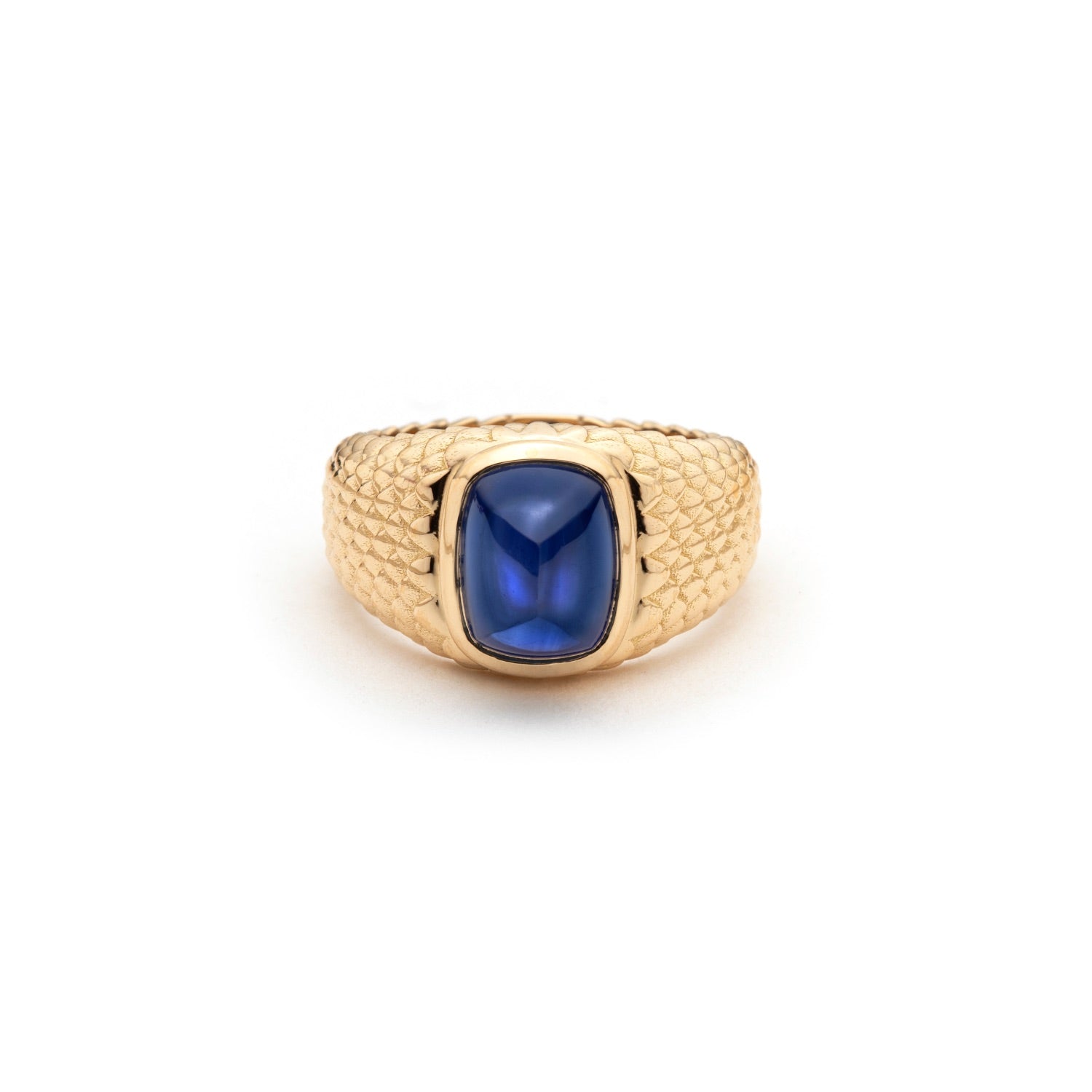 Sugarloaf Cut Blue Sapphire Textured Gold Men's Signet Ring
