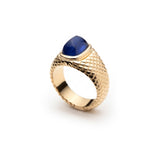 Sugarloaf Cut Blue Sapphire Textured Gold Men's Signet Ring Side View