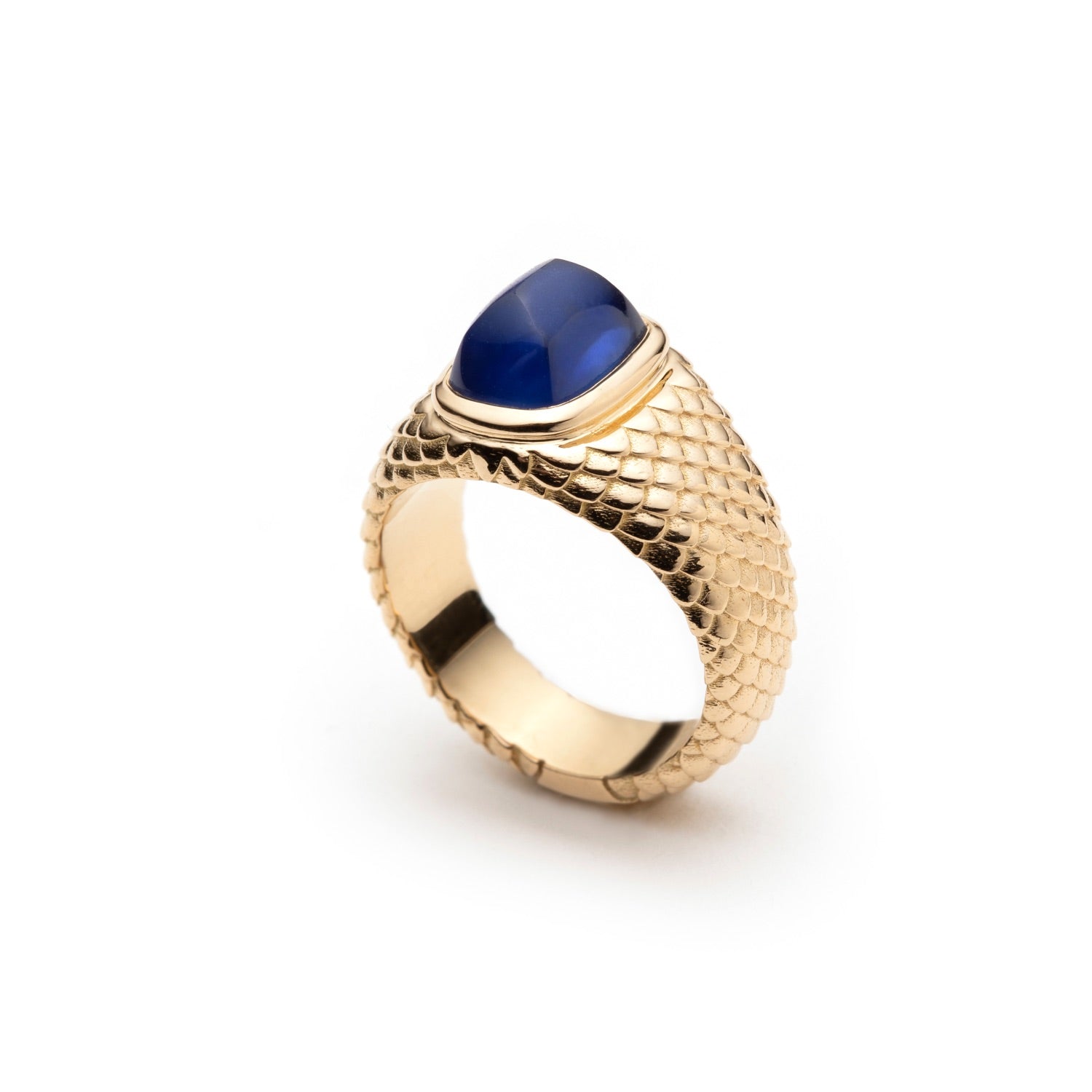 Sugarloaf Cut Blue Sapphire Textured Gold Men's Signet Ring Side View