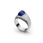 Sugarloaf Cut Blue Sapphire Textured Gold Men's Signet Ring in White Gold Side View