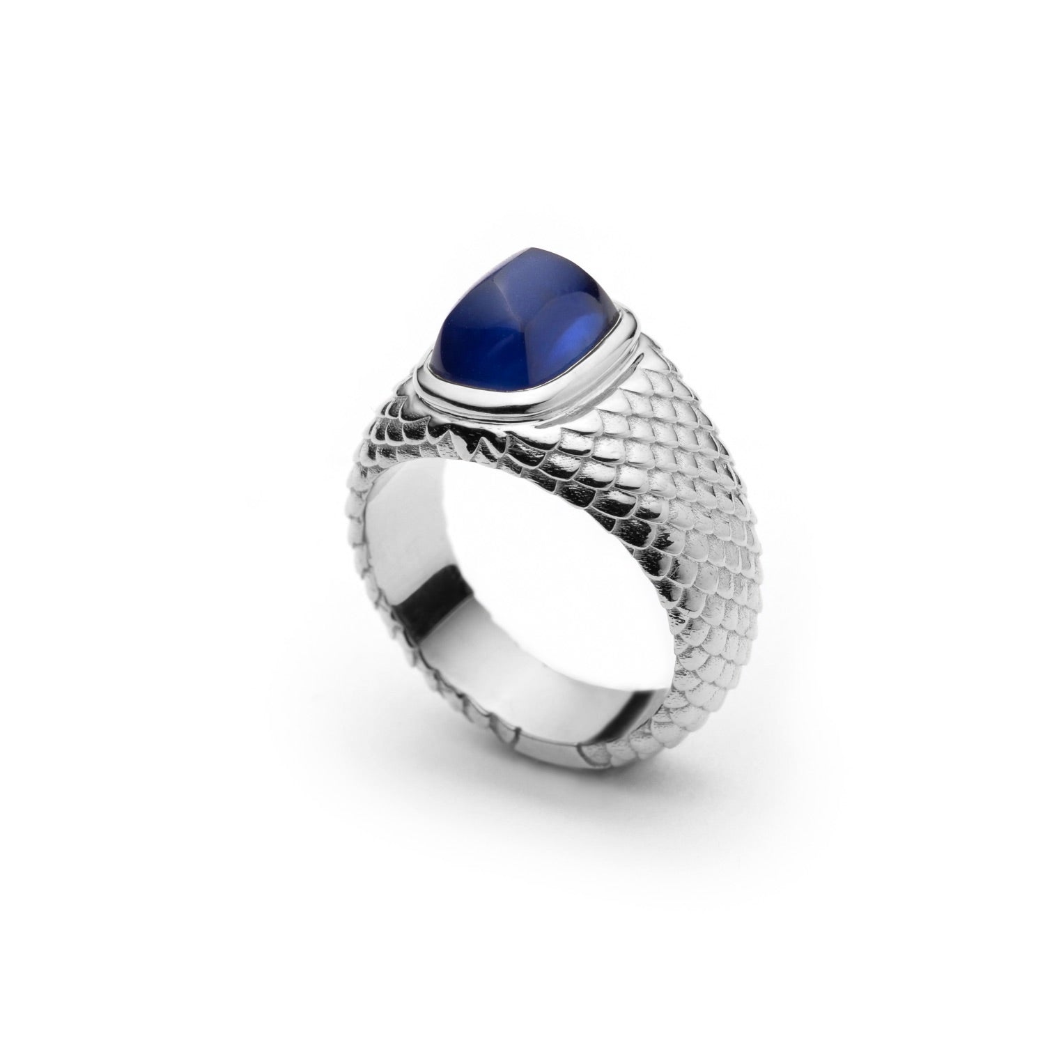 Sugarloaf Cut Blue Sapphire Textured Gold Men's Signet Ring in White Gold Side View