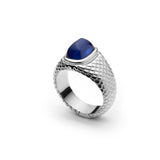Sugarloaf Cut Blue Sapphire Textured Gold Men's Signet Ring in White Gold Side View