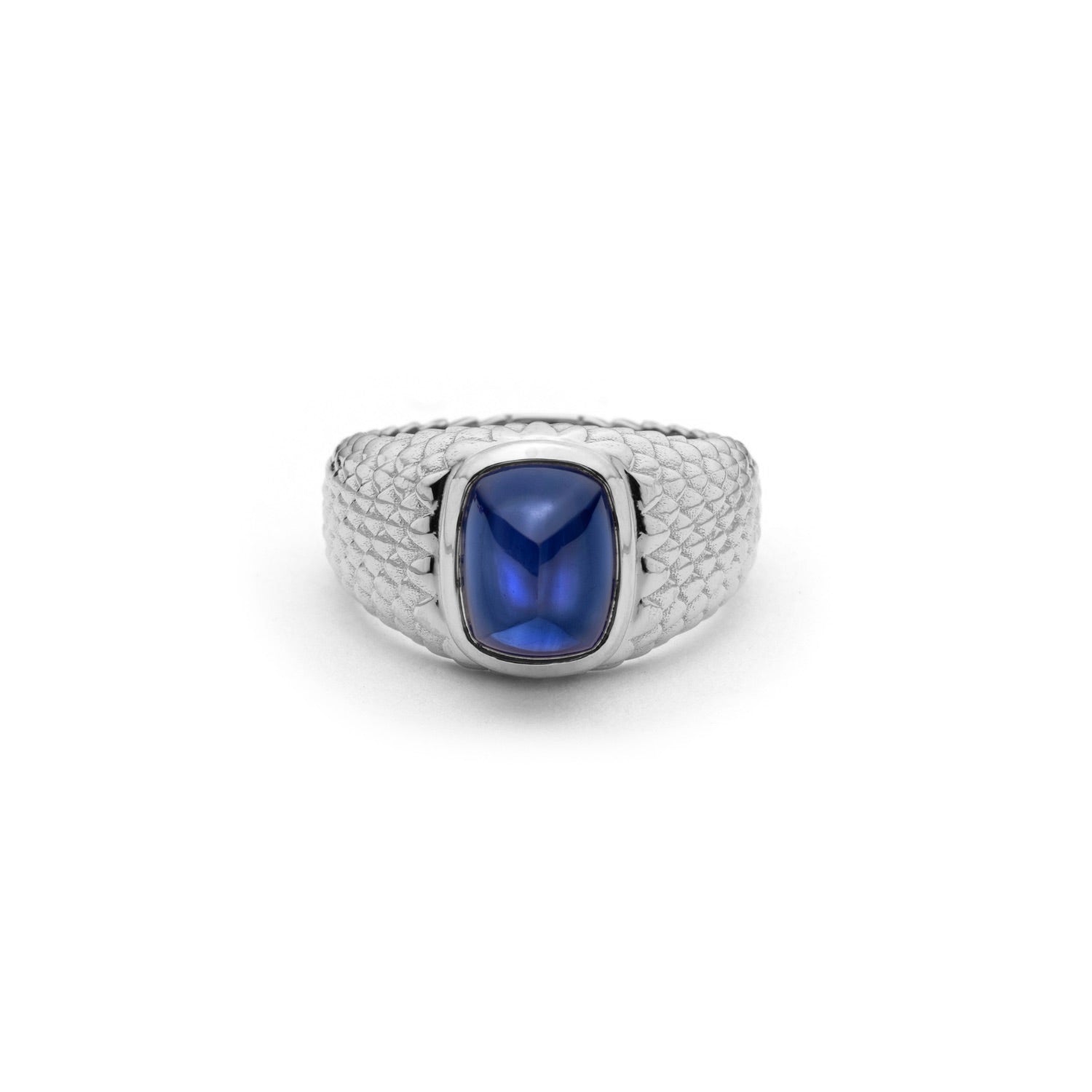 Sugarloaf Cut Blue Sapphire Textured Gold Men's Signet Ring in White Gold