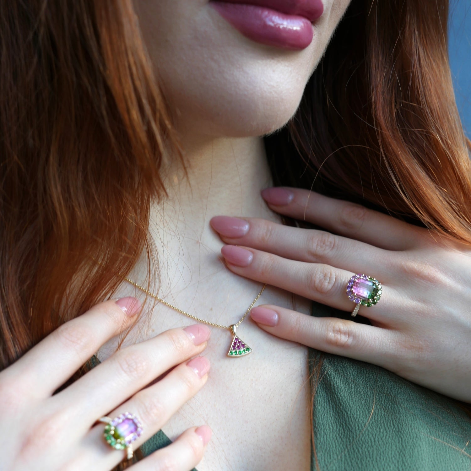 Watermelon Slice Ruby and Tsavorite Pavé Pendant on a Model