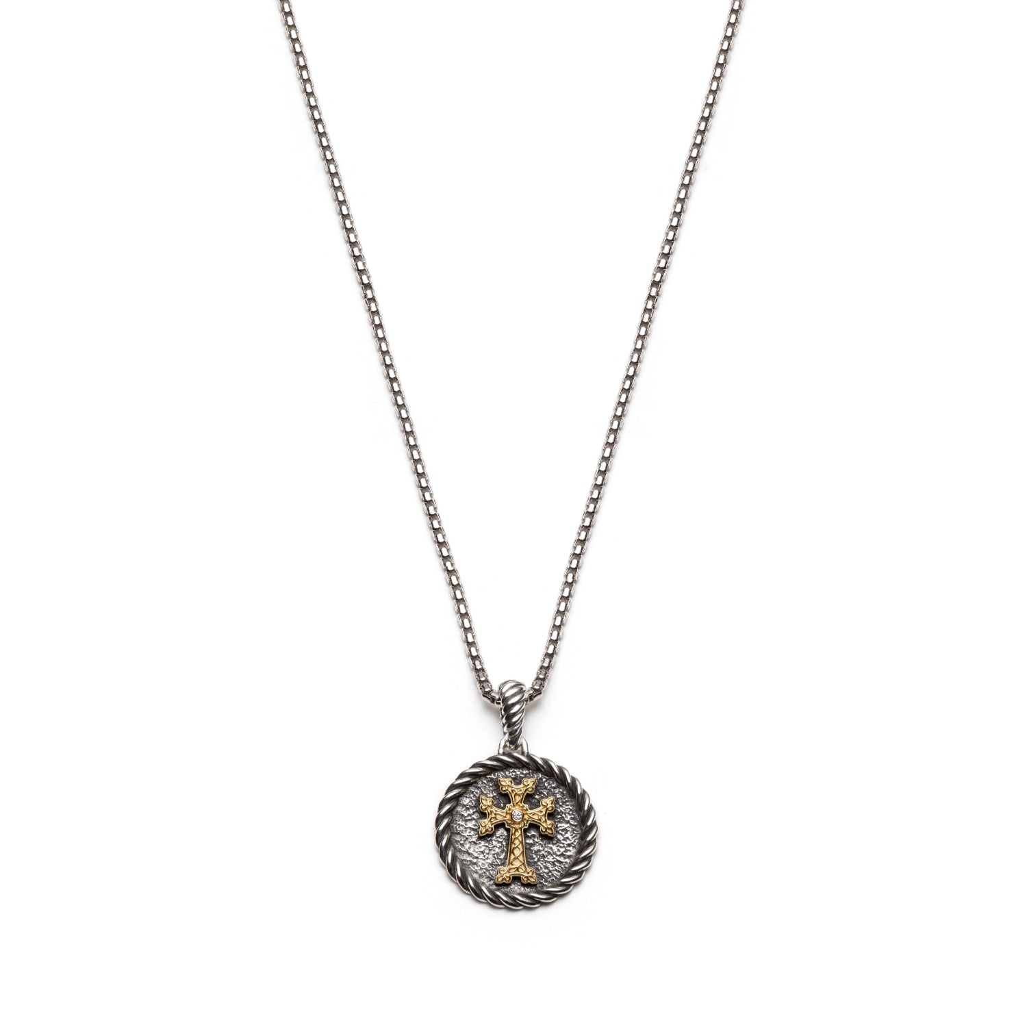 Armenian cross medallion necklace in 18k yellow gold and sterling silver, with a central diamond, textured background and twisted rope border.
