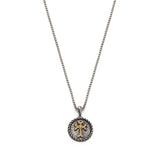 Armenian cross medallion necklace in 18k yellow gold and sterling silver, with a central diamond, textured background and twisted rope border.