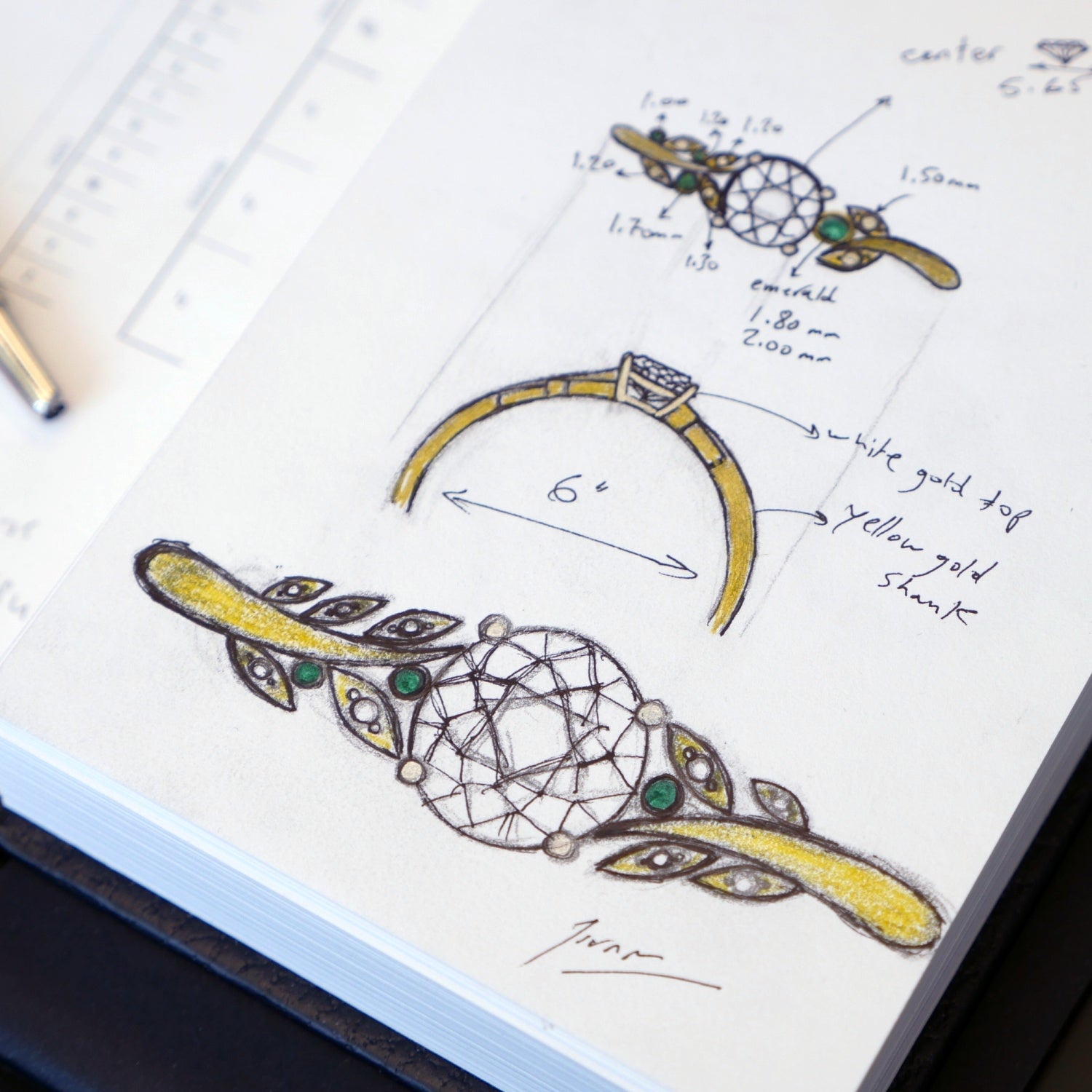 Hand-drawn custom diamond ring design with green gemstone accents, leaf motifs, and measurements shown from multiple angles.