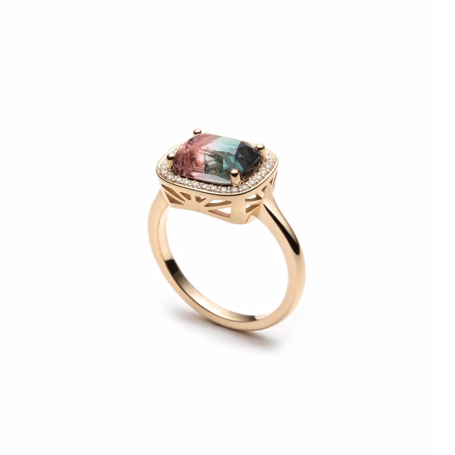 Elongated cushion cut paraiba-like watermelon tourmaline diamond halo east-west ring side view