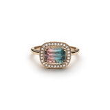Elongated cushion cut paraiba-like watermelon tourmaline diamond halo east-west ring in yellow gold