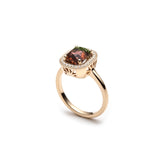Elongated cushion cut watermelon tourmaline diamond halo ring in yellow gold side view