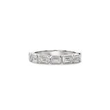 Emerald-cut lab-grown diamonds in white gold bezel settings across a half-eternity ring.
