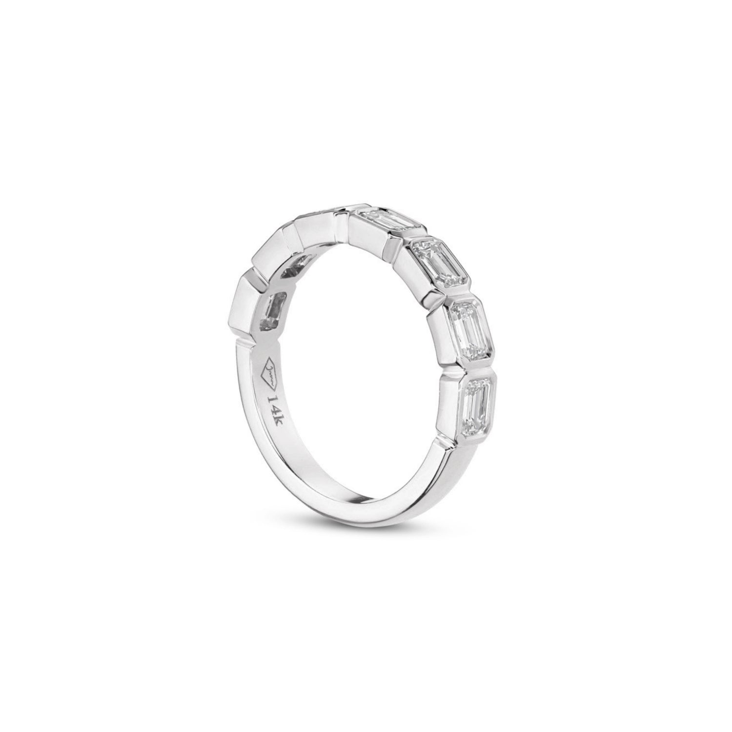 Side profile of an emerald-cut lab-grown diamond bezel half-eternity ring in white gold, showing the settings and polished band.