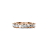 Emerald-cut lab-grown diamond half-eternity ring with half-bezel settings in rose gold.