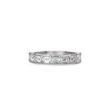 Emerald-cut lab-grown diamond half-eternity ring with half-bezel settings in white gold.