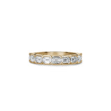 Emerald-cut lab-grown diamond half-eternity ring with half-bezel settings in yellow gold.