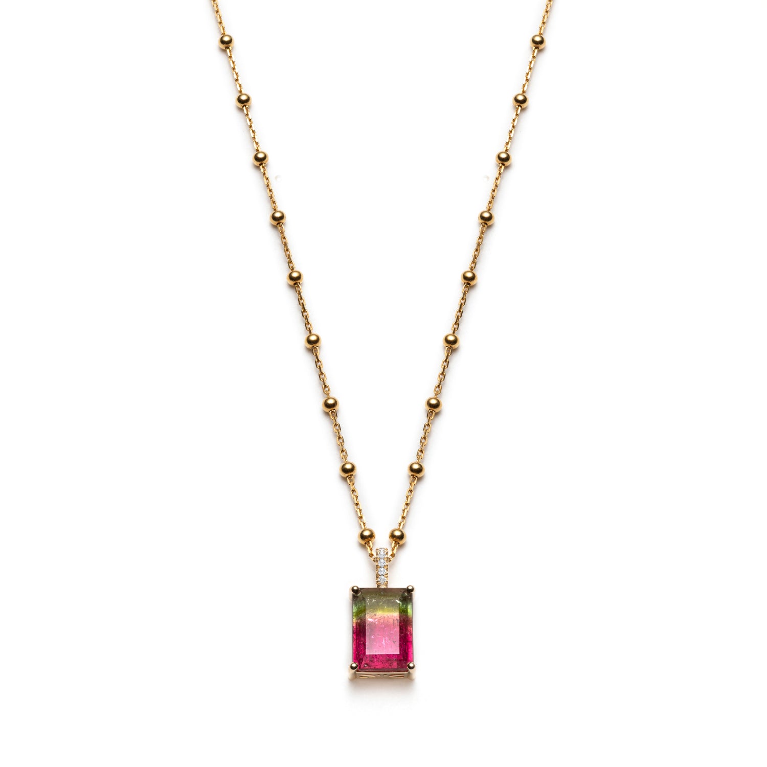 Emerald-cut watermelon tourmaline necklace with a diamond pavé bail and gold bead station chain.