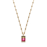 Emerald-cut watermelon tourmaline necklace with a diamond pavé bail and gold bead station chain.