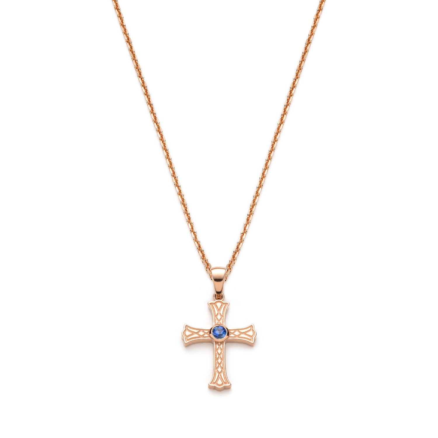 Khachkar Armenian cross pendant with sapphire accent in rose gold