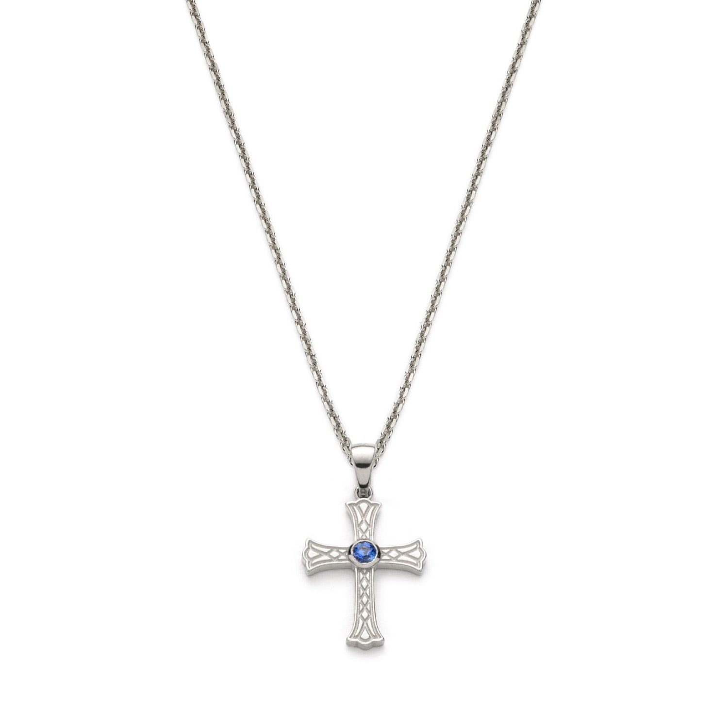 Khachkar Armenian cross pendant with sapphire accent in white gold