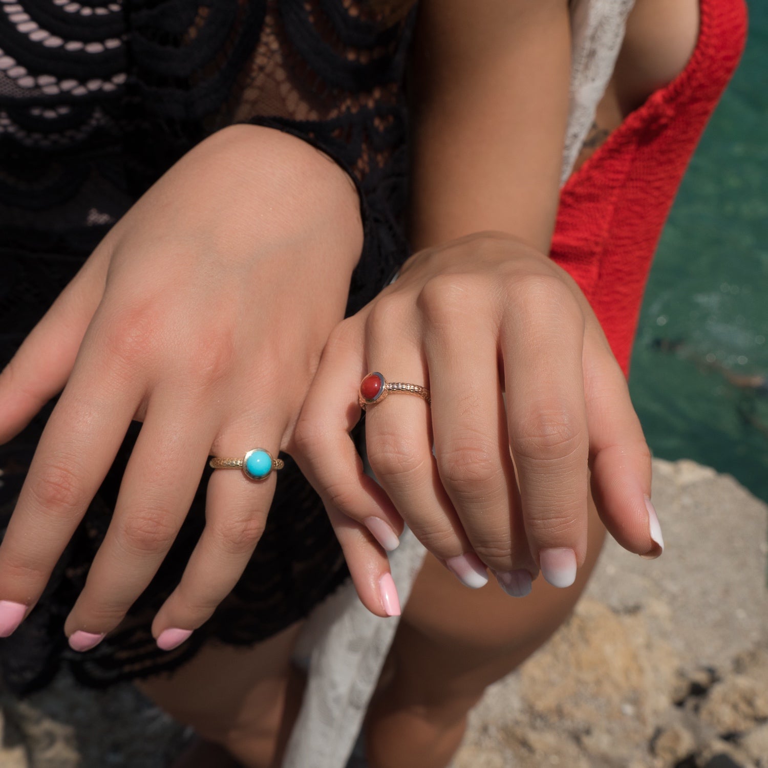 Mermaid Cabochon Turquoise Bezel Ring on a Hand