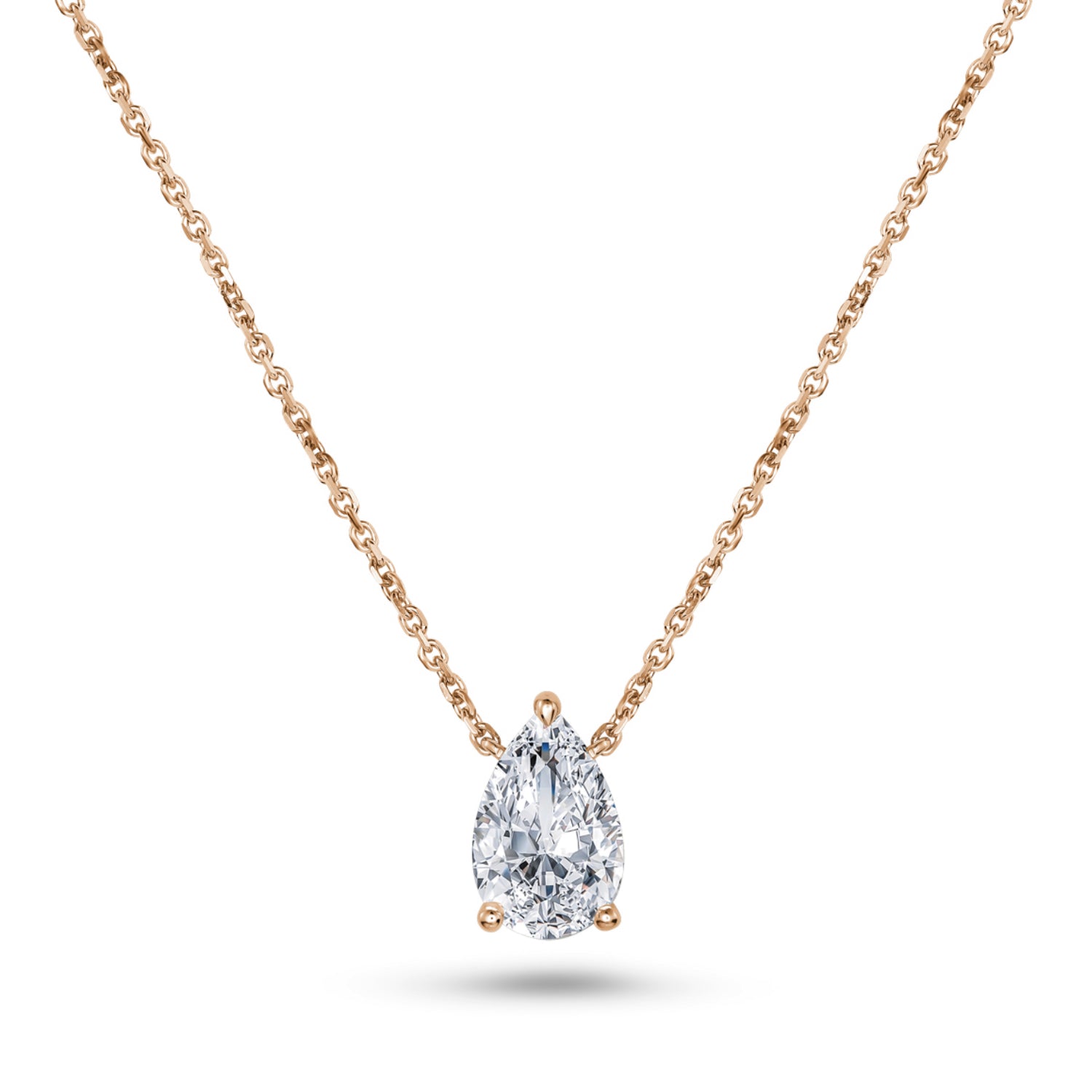Pear-shaped lab-grown diamond in a rose gold prong setting, suspended from a fine cable chain.