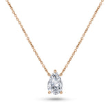 Pear-shaped lab-grown diamond in a rose gold prong setting, suspended from a fine cable chain.