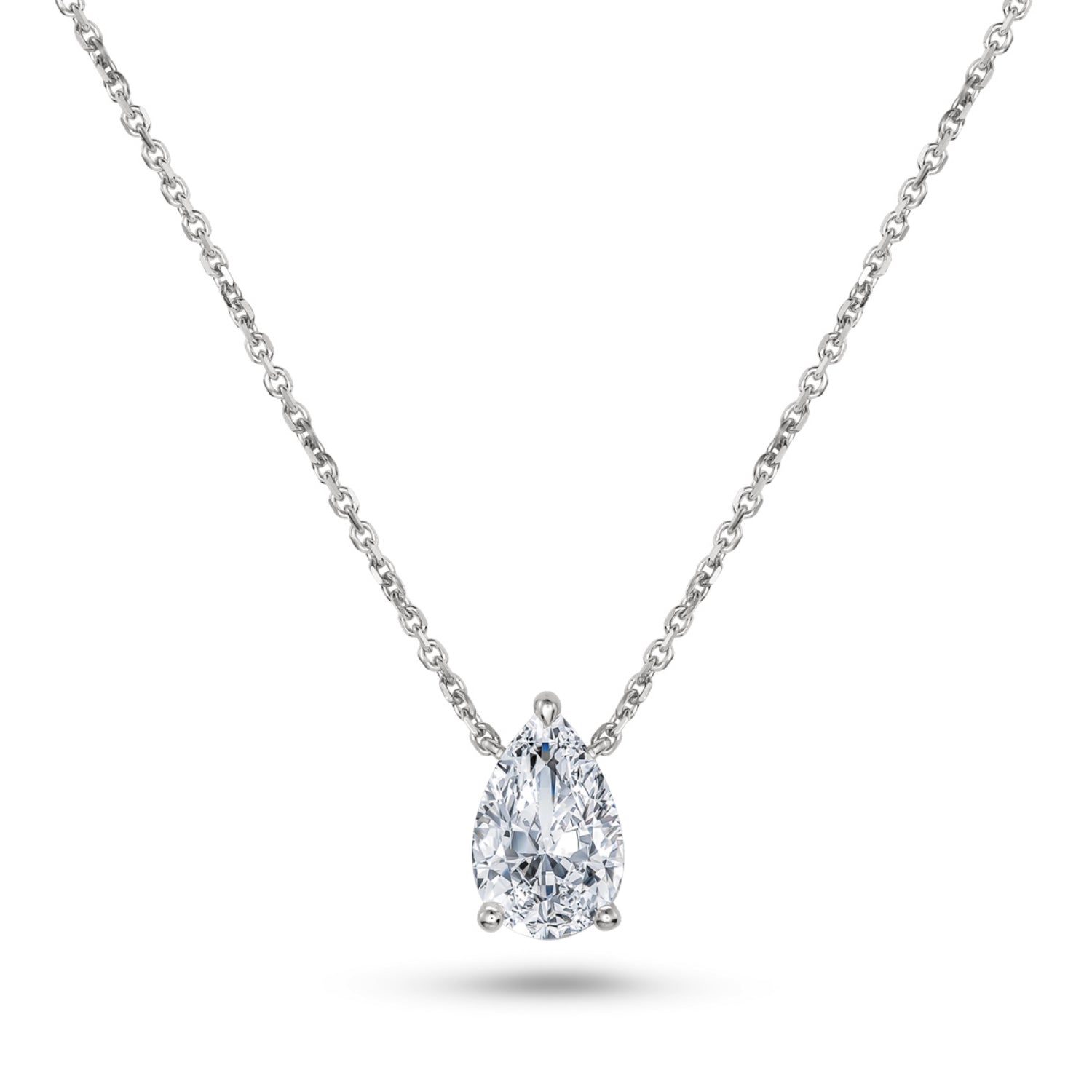 Pear-shaped lab-grown diamond in a white gold prong setting, suspended from a fine cable chain.