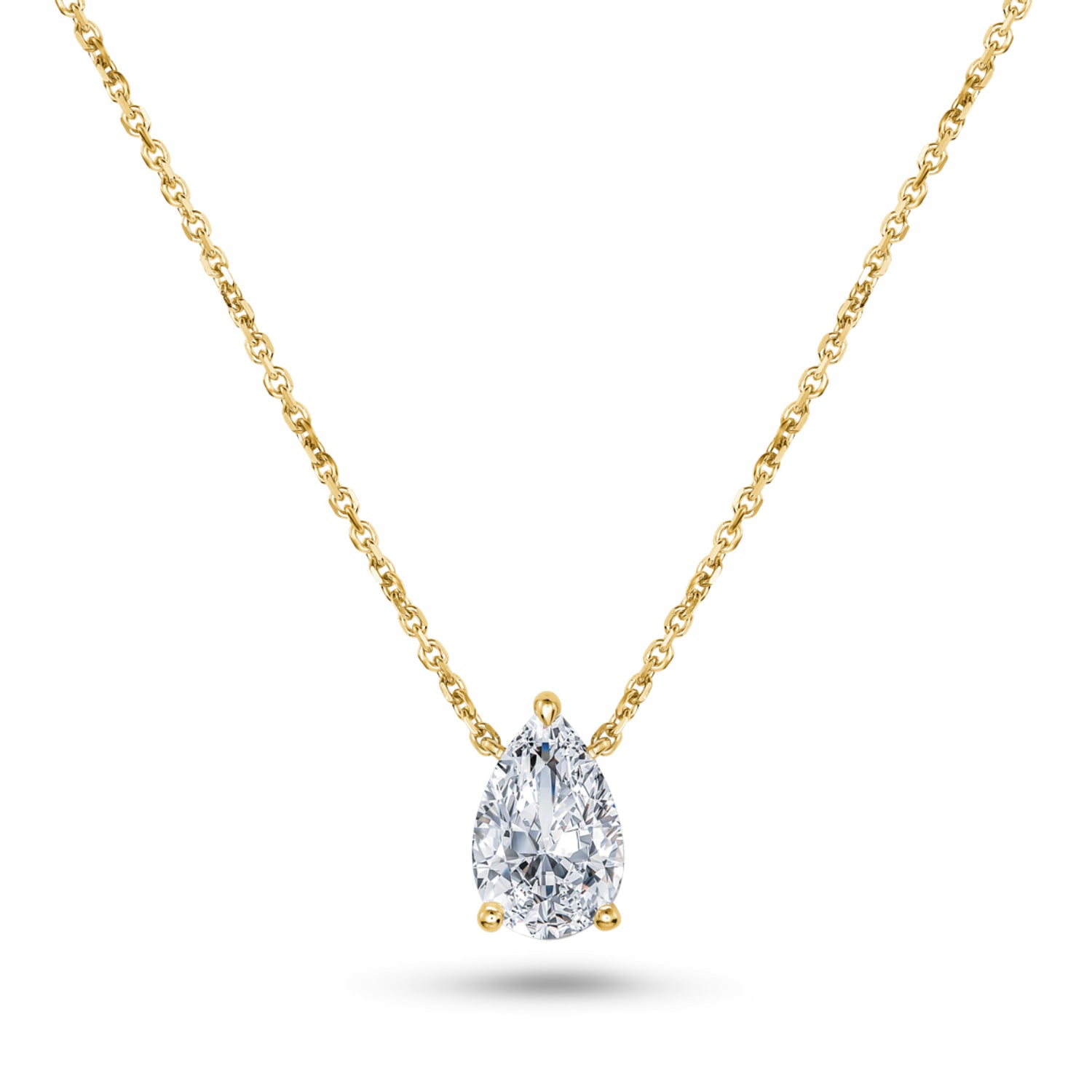 Pear-shaped lab-grown diamond in a yellow gold prong setting, suspended from a fine cable chain.