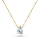 Pear-shaped lab-grown diamond in a yellow gold prong setting, suspended from a fine cable chain.