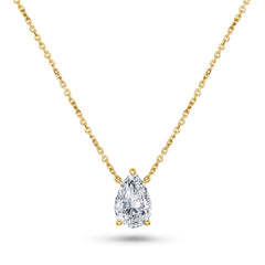 Pear-shaped lab-grown diamond in a yellow gold prong setting, suspended from a fine cable chain.