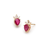 Pear-shaped ruby stud earrings in 14K yellow gold, each crowned with three pear-shaped diamonds